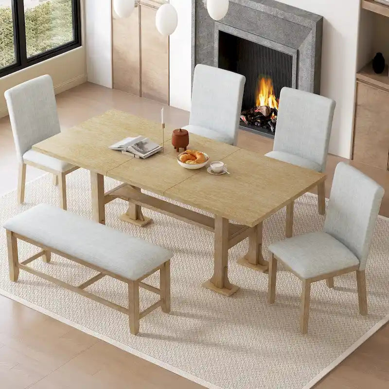 6-Piece Farmhouse Extendable Dining Set with Leaf & Bench