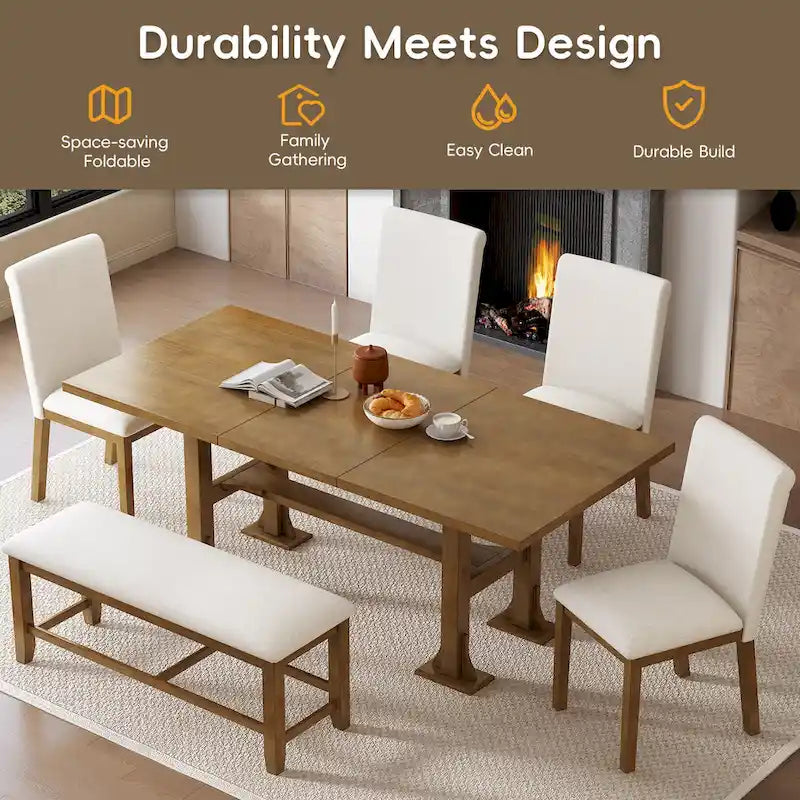 6-Piece Farmhouse Extendable Dining Set with Leaf & Bench