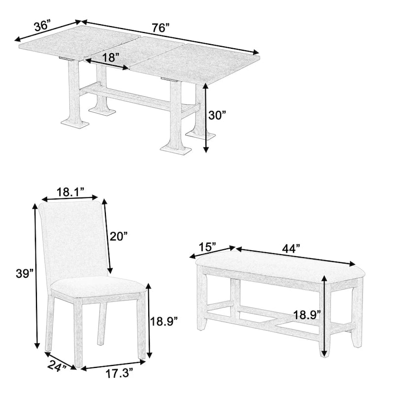6-Piece Farmhouse Extendable Dining Set with Leaf & Bench