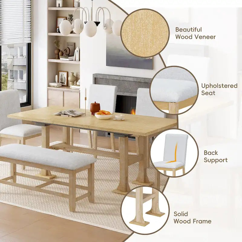 6-Piece Farmhouse Extendable Dining Set with Leaf & Bench