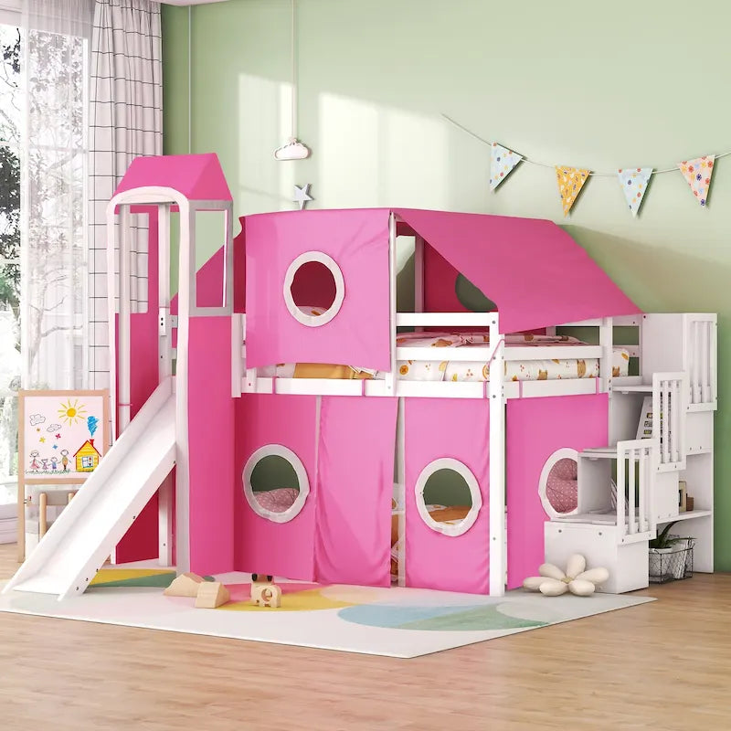 Full Loft Bed with Castle Tent & Tower and Solid Wood Frame, 400lb Capacity, Playhouse Design
