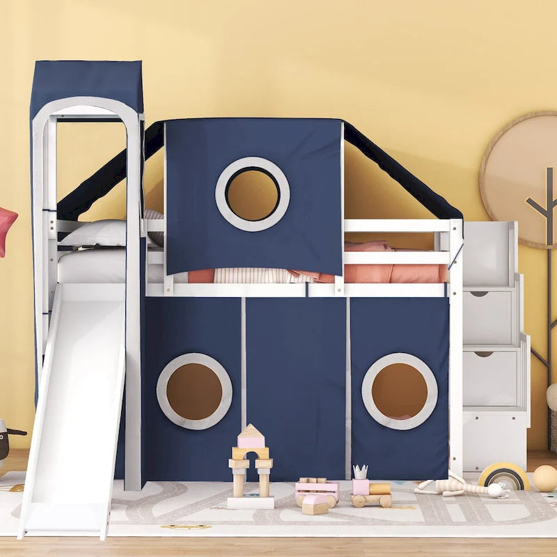 Full Loft Bed with Castle Tent & Tower and Solid Wood Frame, 400lb Capacity, Playhouse Design