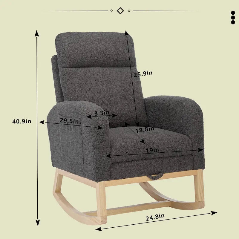 Modern 29.5 High Back Upholstered Rocking Chair with Solid Wood Legs and Adjustable Footrest