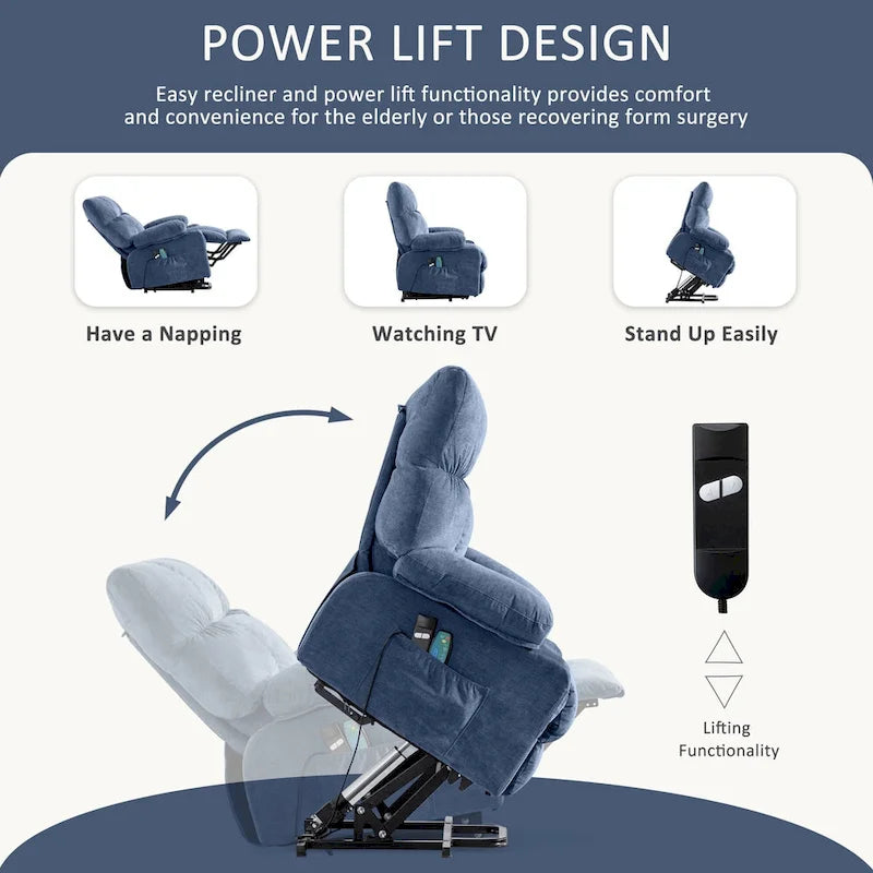 Blue Power Lift Recliner with Heat, Massage, USB Charging, Side Storage, and Remote Control