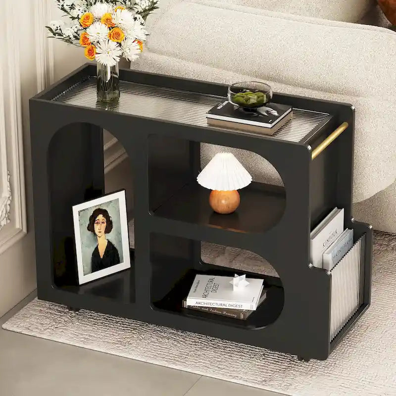 31.5 Modern Mobile End Table with 5mm Thick Fluted Tempered Glass, Lockable Wheels and Golden Round Rod