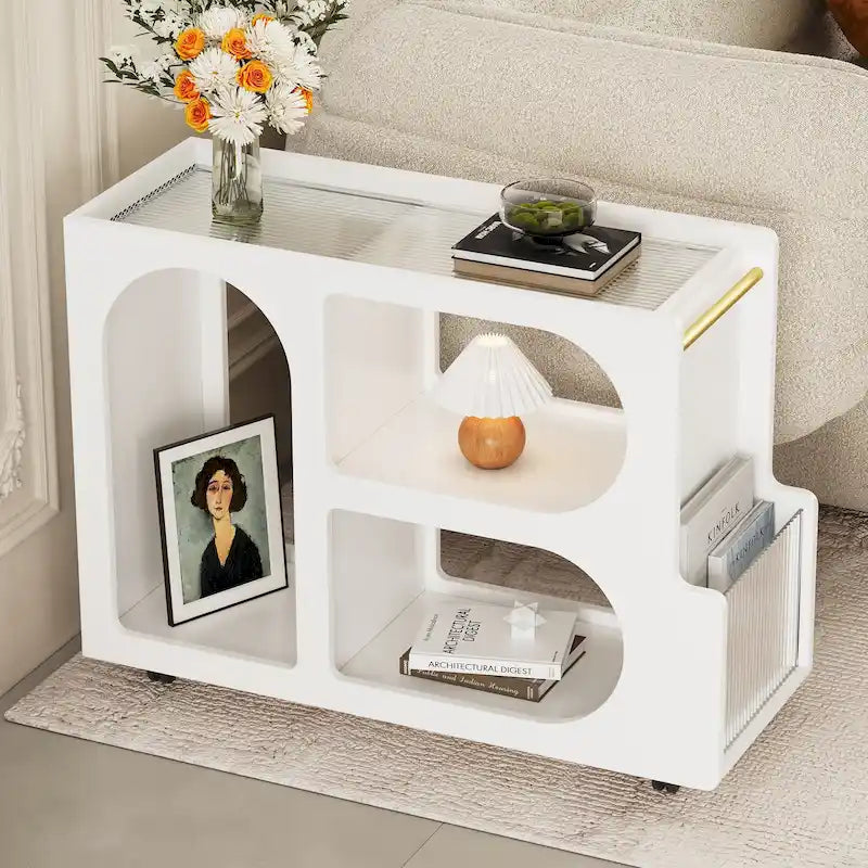 31.5 Modern Mobile End Table with 5mm Thick Fluted Tempered Glass, Lockable Wheels and Golden Round Rod