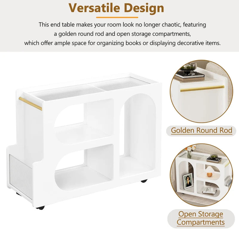 31.5 Modern Mobile End Table with 5mm Thick Fluted Tempered Glass, Lockable Wheels and Golden Round Rod