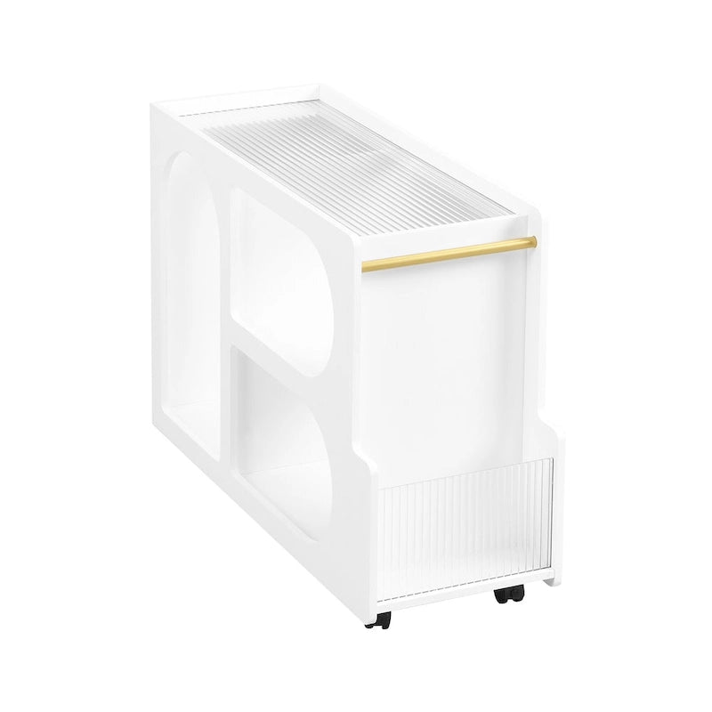 31.5 Modern Mobile End Table with 5mm Thick Fluted Tempered Glass, Lockable Wheels and Golden Round Rod