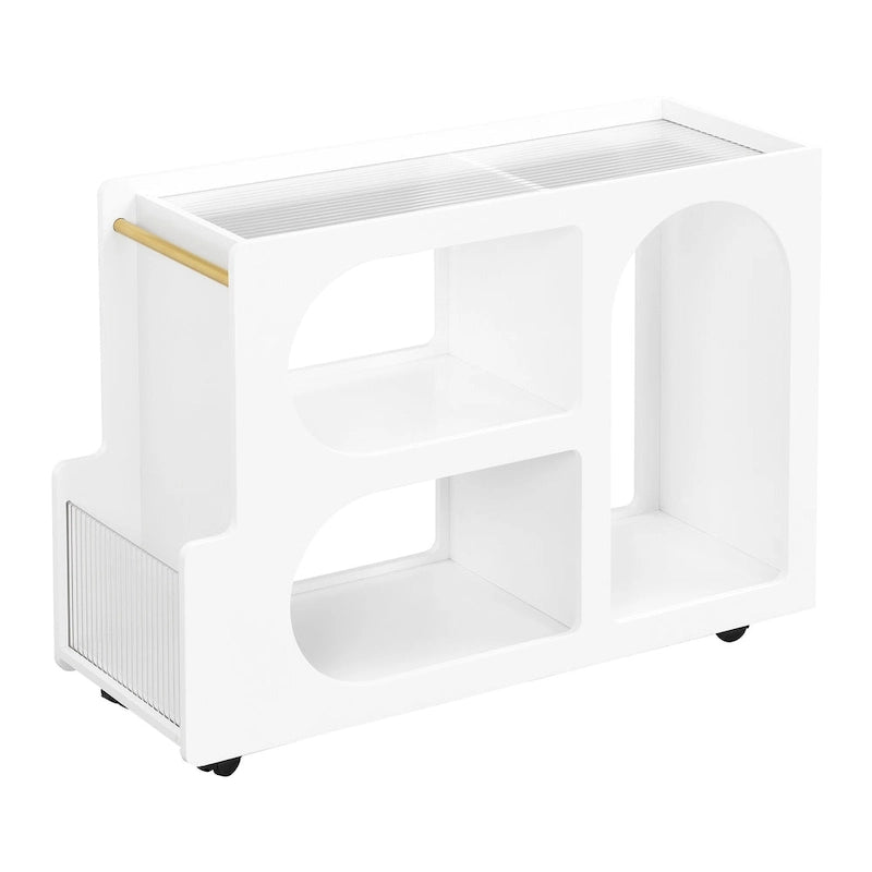 31.5 Modern Mobile End Table with 5mm Thick Fluted Tempered Glass, Lockable Wheels and Golden Round Rod