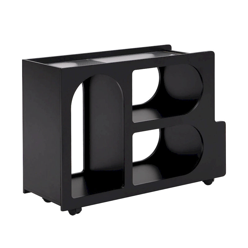 31.5 Modern Mobile End Table with 5mm Thick Fluted Tempered Glass, Lockable Wheels and Golden Round Rod