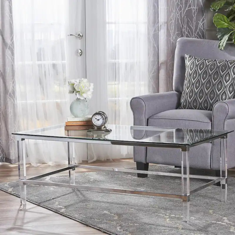 48 Modern Rectangle Glass Coffee Table with Sturdy Frame for Living Room