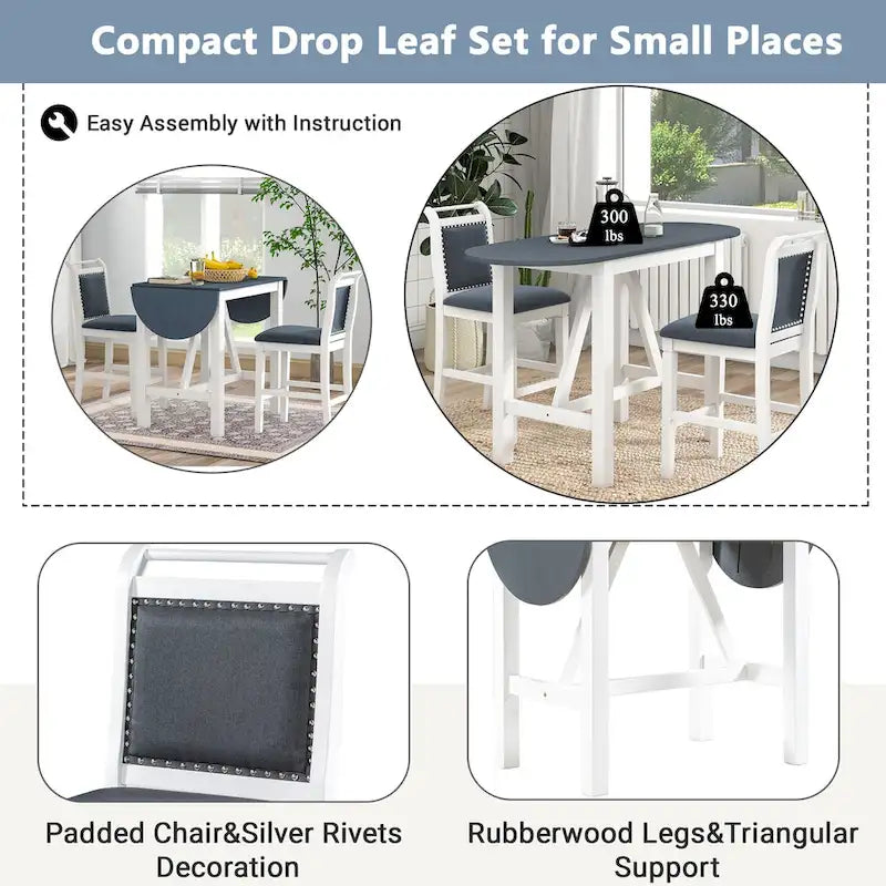 3-Piece Wooden Counter Height Dining Table Set with Drop Leaf Table & 2 Chairs