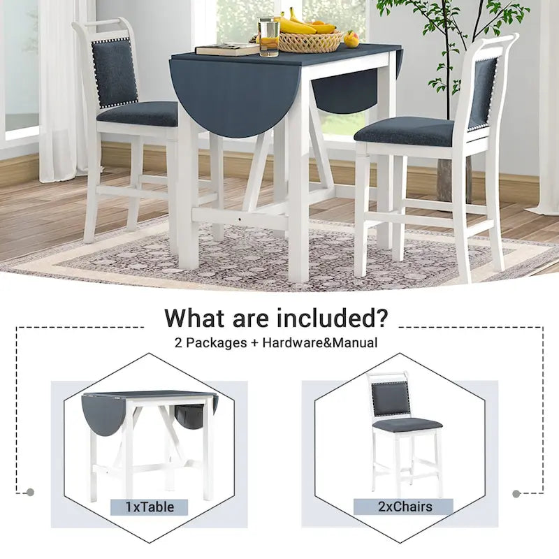 3-Piece Wooden Counter Height Dining Table Set with Drop Leaf Table & 2 Chairs