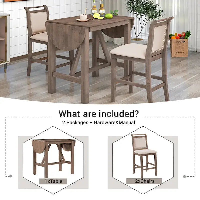 3-Piece Wooden Counter Height Dining Table Set with Drop Leaf Table & 2 Chairs
