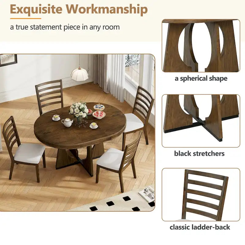 Vintage Style 5-piece Dining Set with Extendable Table and 4 Upholstered Chairs