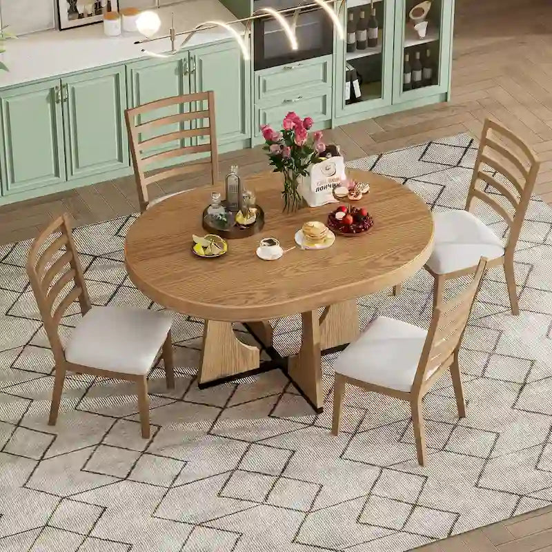 Vintage Style 5-piece Dining Set with Extendable Table and 4 Upholstered Chairs