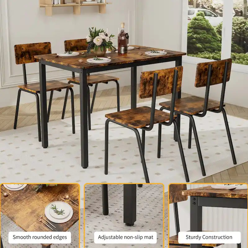 Compact 5-Piece Dining Table Set with 4 Chairs, 43 Metal Frame & MDF, Ideal for Small Spaces, Easy to Clean