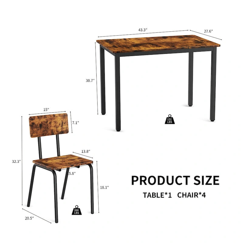 Compact 5-Piece Dining Table Set with 4 Chairs, 43 Metal Frame & MDF, Ideal for Small Spaces, Easy to Clean