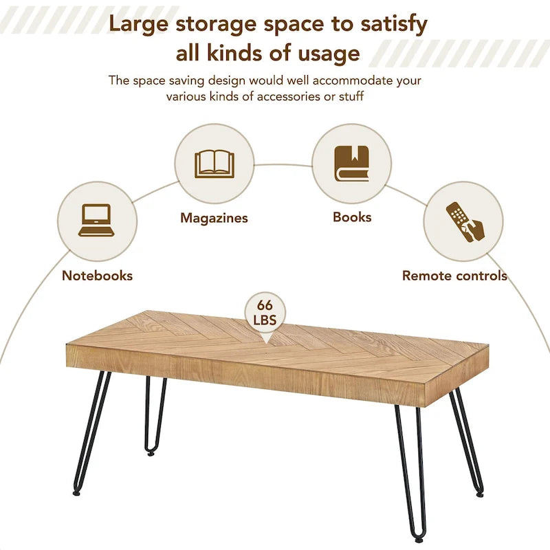 Modern Coffee Table with Metal Legs - 19.60 x 43.30 x 17.80