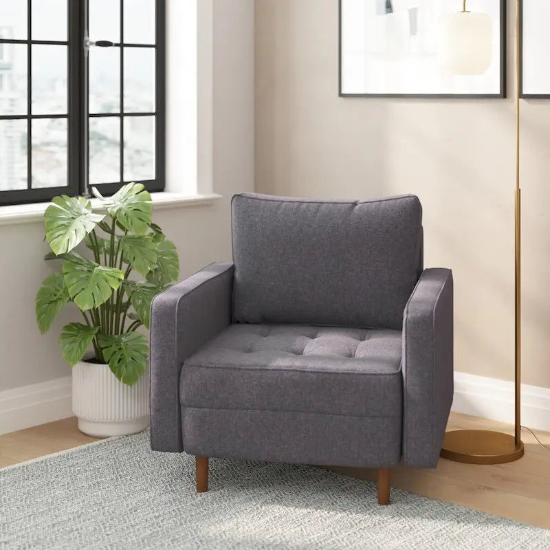 Compact Upholstered Tufted Chair with Wooden Legs