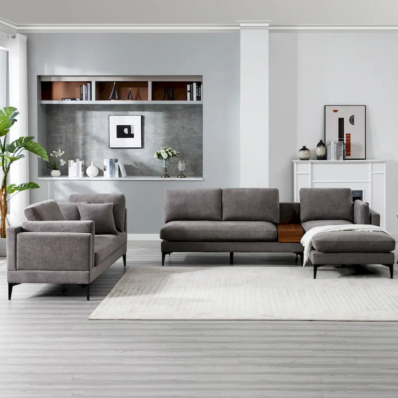 Modular U-shaped Linen Reversible Sofa with a Wooden Side Table Box and Reversible Design