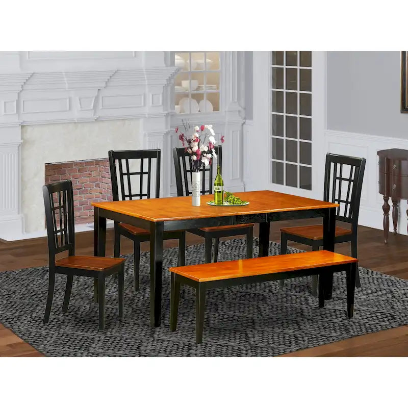 East West Furniture Dining Table Set Contains a Rectangle Table and Dining Chairs with a Bench (Chair Seat Type Options)