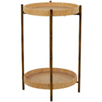 Rattan 2 Tray Shelves Accent Table with Metal Bamboo Inspired Legs - Brown - Roche River Decor - 18W x 18L x 26H
