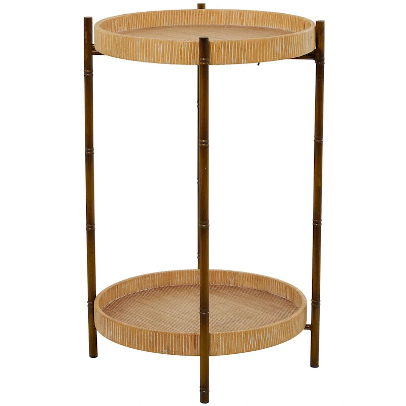 Rattan 2 Tray Shelves Accent Table with Metal Bamboo Inspired Legs - Brown - Roche River Decor - 18W x 18L x 26H