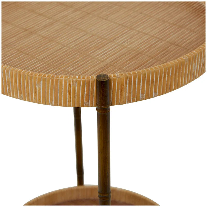 Rattan 2 Tray Shelves Accent Table with Metal Bamboo Inspired Legs - Brown - Roche River Decor - 18W x 18L x 26H