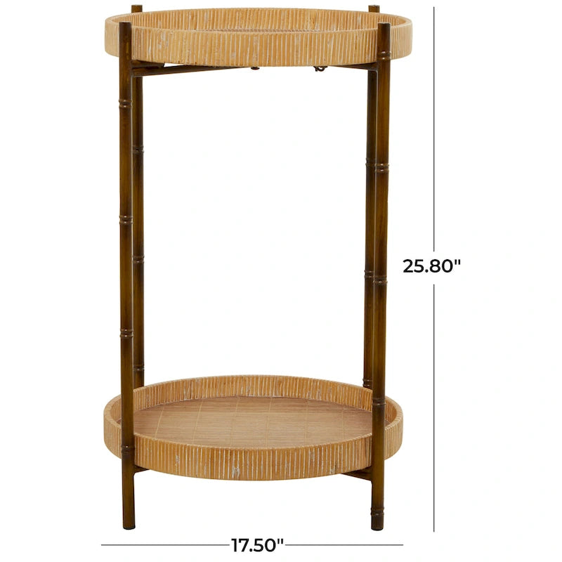 Rattan 2 Tray Shelves Accent Table with Metal Bamboo Inspired Legs - Brown - Roche River Decor - 18W x 18L x 26H