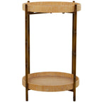 Rattan 2 Tray Shelves Accent Table with Metal Bamboo Inspired Legs - Brown - Roche River Decor - 18W x 18L x 26H