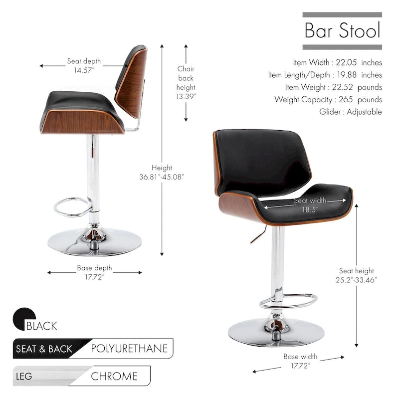 Porthos Home Oriole Height Adjustable Bar Stool, PU Upholstery, Chrome Base