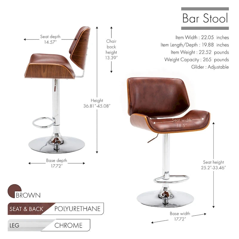 Porthos Home Oriole Height Adjustable Bar Stool, PU Upholstery, Chrome Base