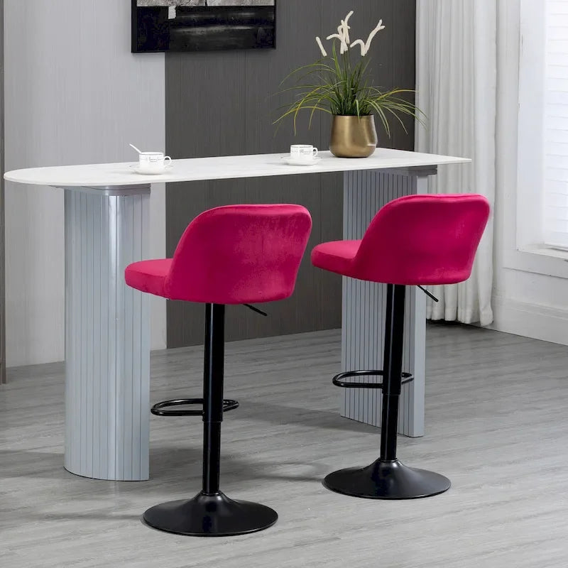 HOMCOM Adjustable Bar Stools Set of 2, Velvet Counter Height Barstool, Upholstered Kitchen Stool with Swivel Seat, Steel Frame