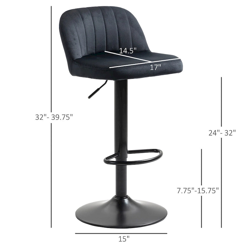 HOMCOM Adjustable Bar Stools Set of 2, Velvet Counter Height Barstool, Upholstered Kitchen Stool with Swivel Seat, Steel Frame