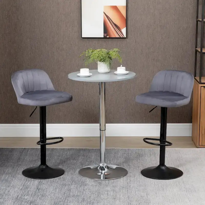 HOMCOM Adjustable Bar Stools Set of 2, Velvet Counter Height Barstool, Upholstered Kitchen Stool with Swivel Seat, Steel Frame