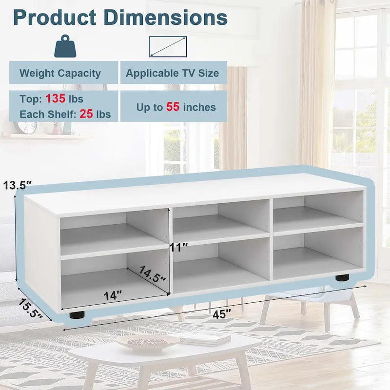 6-Cubby Media Console Entertainment Center with Adjustable Shelves