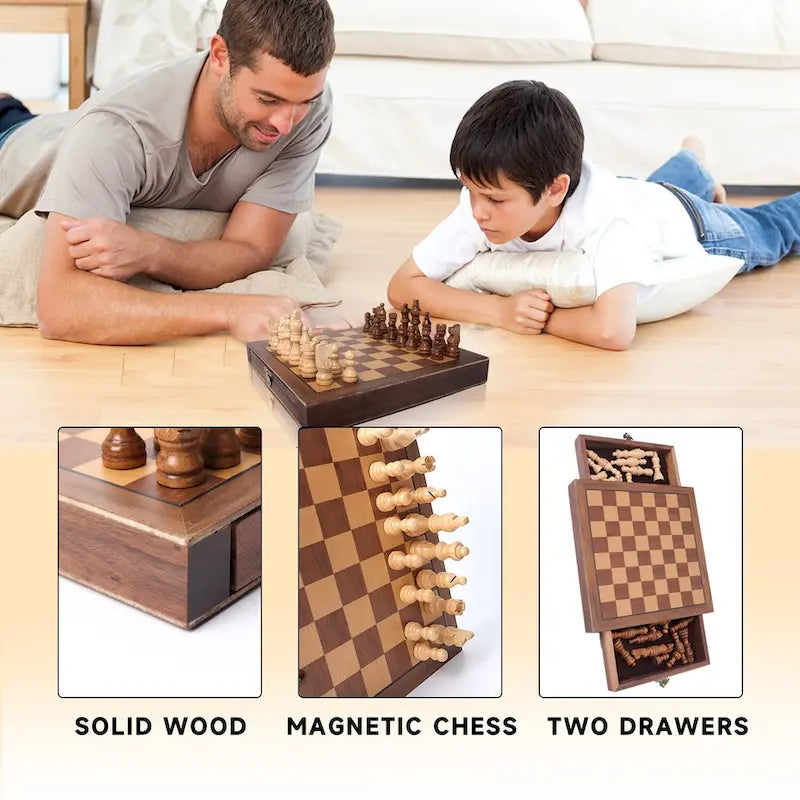 GSE 10 Magnetic Travel Chess Set, Wooden Chess Board Game Set with Drawers, Classic Portable Chess Set