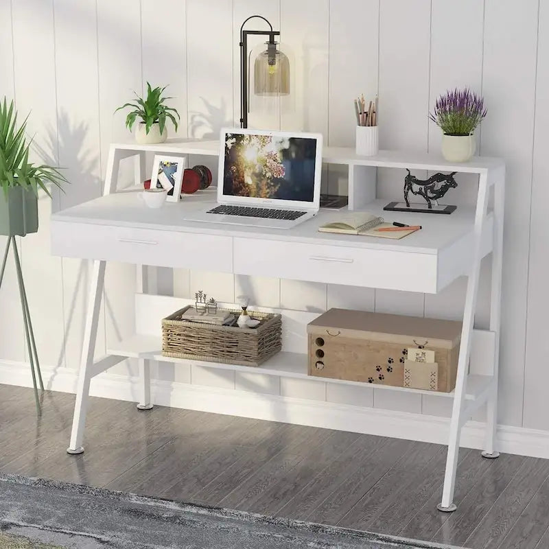 Computer Desk with 2 Drawers and Storage Shelves, Office Desk with Monitor Stand