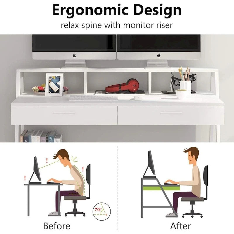 Computer Desk with 2 Drawers and Storage Shelves, Office Desk with Monitor Stand