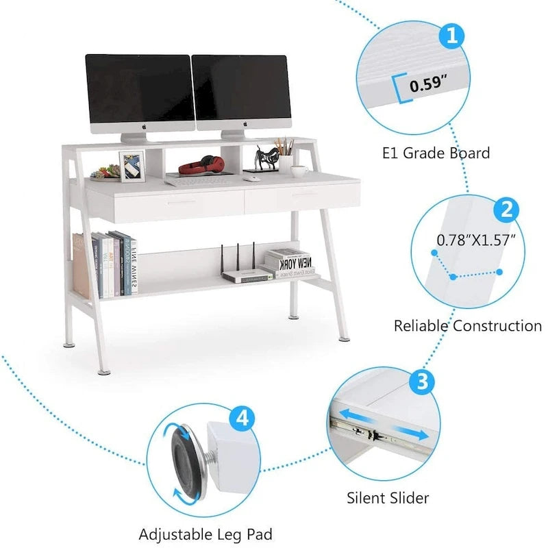 Computer Desk with 2 Drawers and Storage Shelves, Office Desk with Monitor Stand