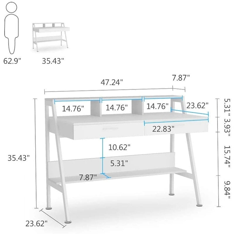 Computer Desk with 2 Drawers and Storage Shelves, Office Desk with Monitor Stand