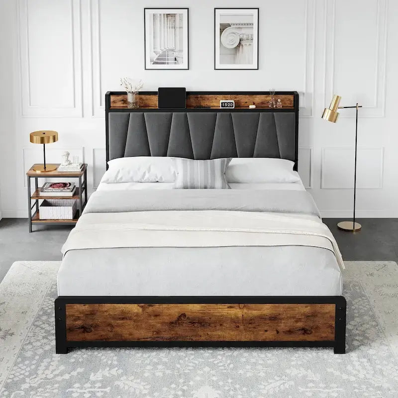 Bed Frame with Storage Linen Upholstered Headboard