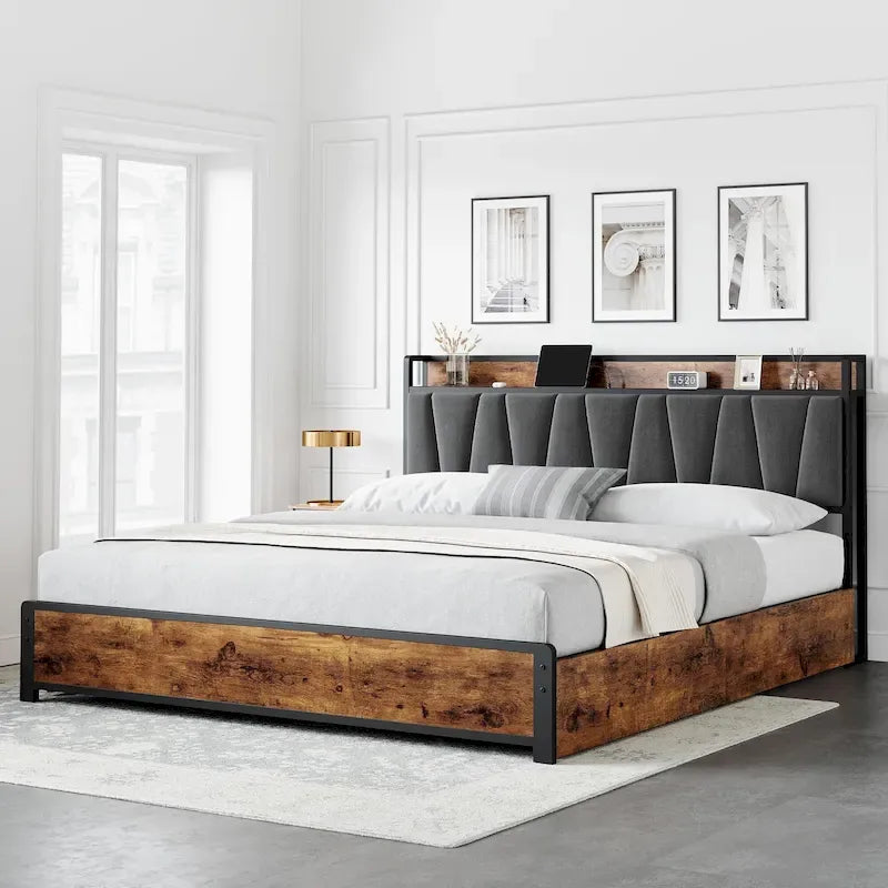 Bed Frame with Storage Linen Upholstered Headboard