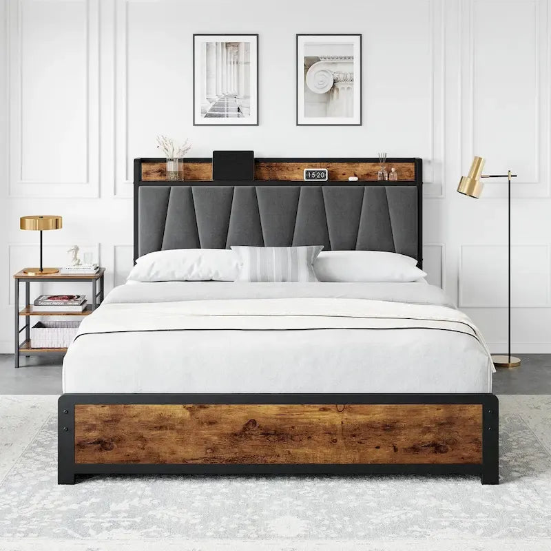 Bed Frame with Storage Linen Upholstered Headboard
