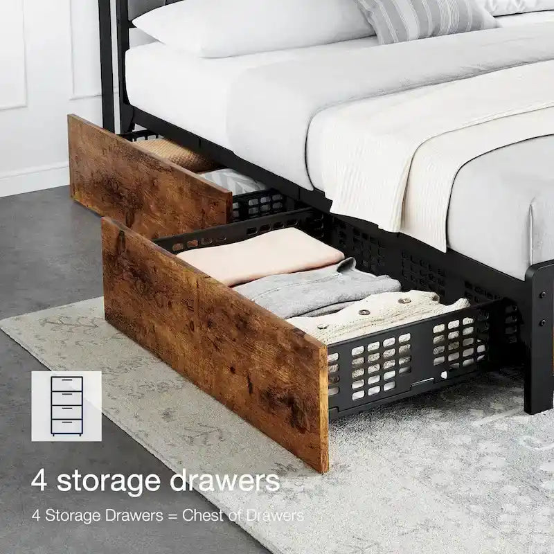 Bed Frame with Storage Linen Upholstered Headboard