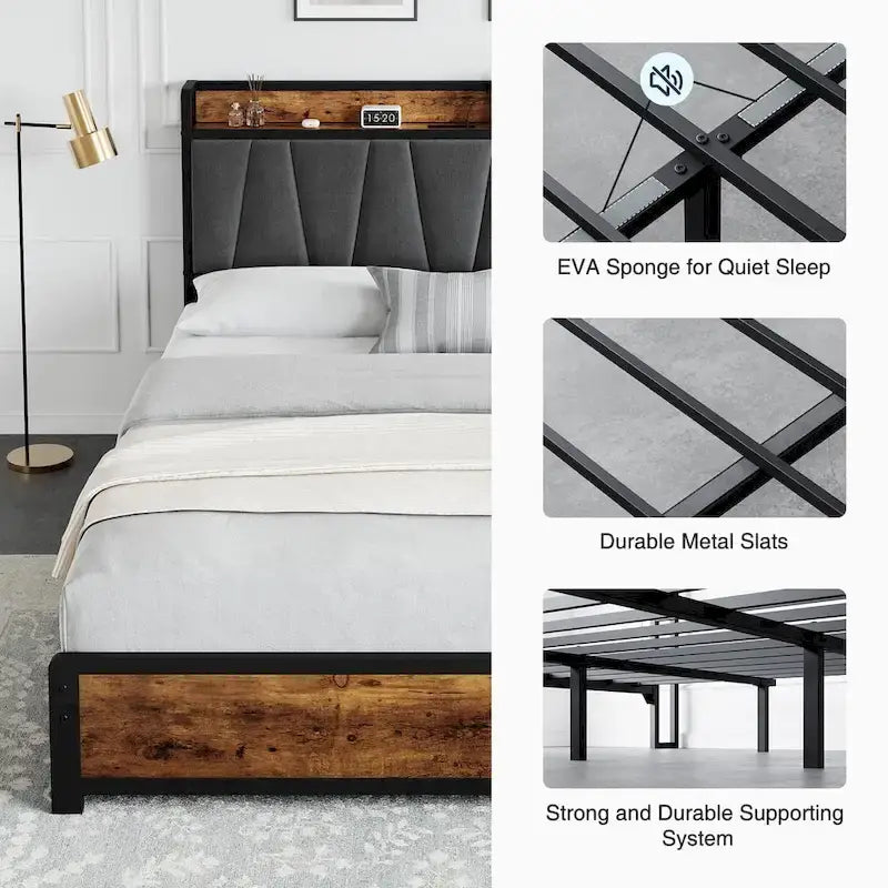 Bed Frame with Storage Linen Upholstered Headboard