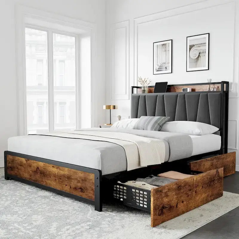 Bed Frame with Storage Linen Upholstered Headboard