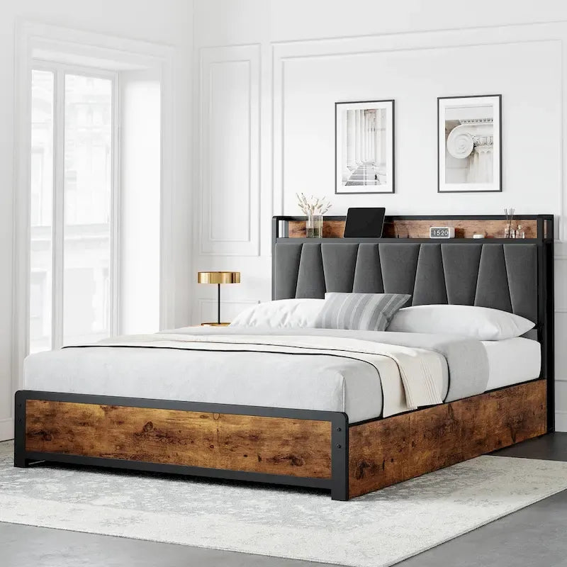 Bed Frame with Storage Linen Upholstered Headboard