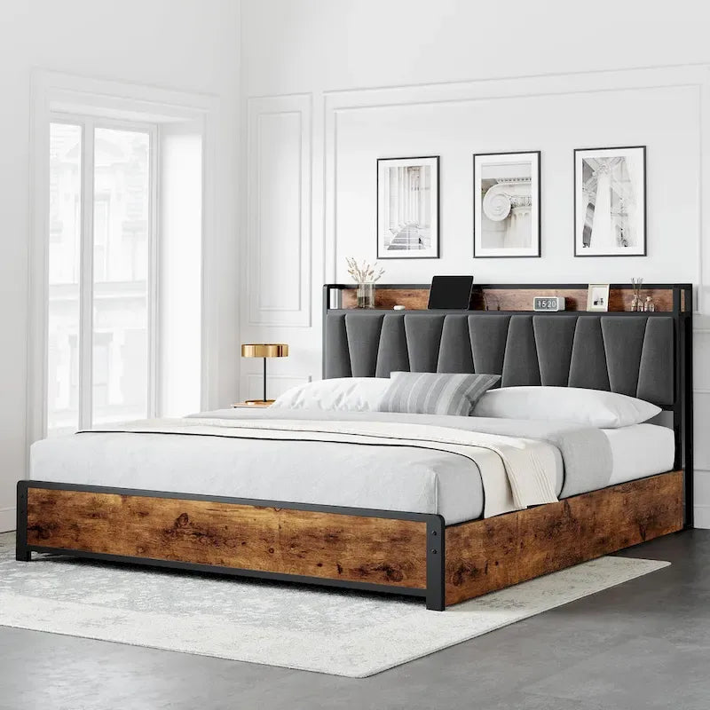 Bed Frame with Storage Linen Upholstered Headboard
